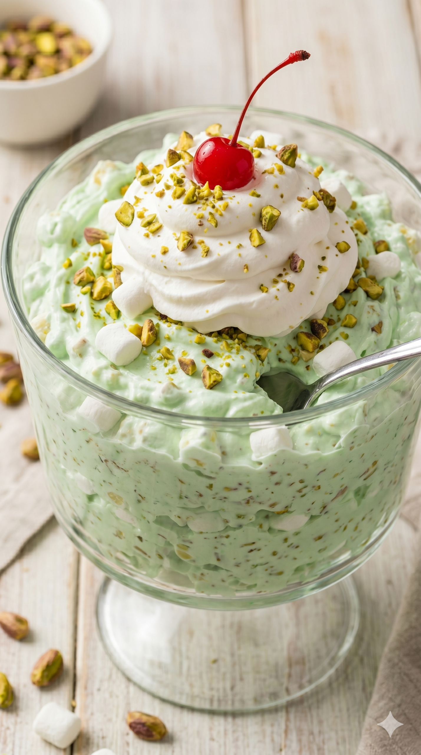 Pistachio salad in a glass bowl topped with whipped topping, chopped pistachios and a cherry